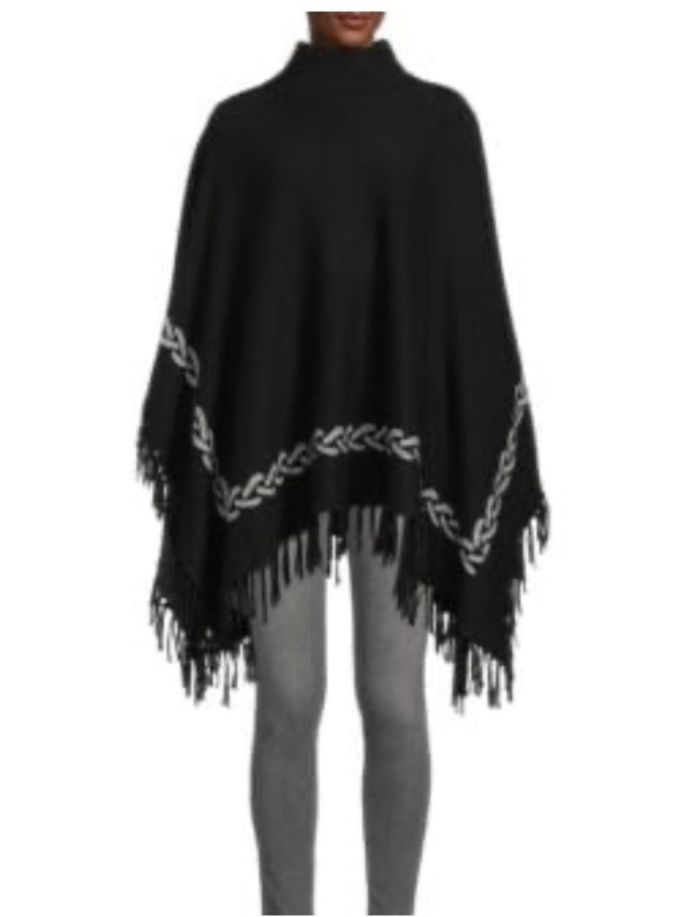 J. McLaughlin Black Fringe Poncho with Knit Braid Detail One Size